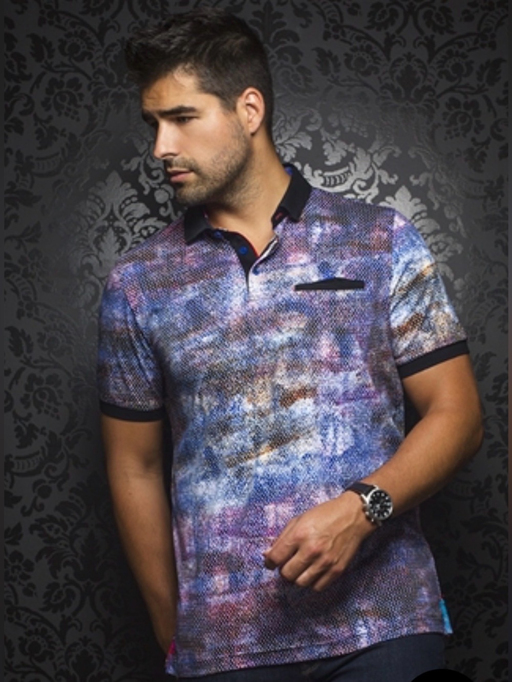 Abstract Blue Multi-Print Polo with Black Trim Mens Size Large